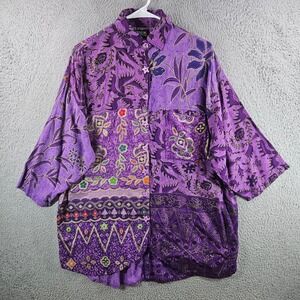 Tropical Tantrum Purple Batik Patchwork Shirt Womens One Size Star Buttons Boho